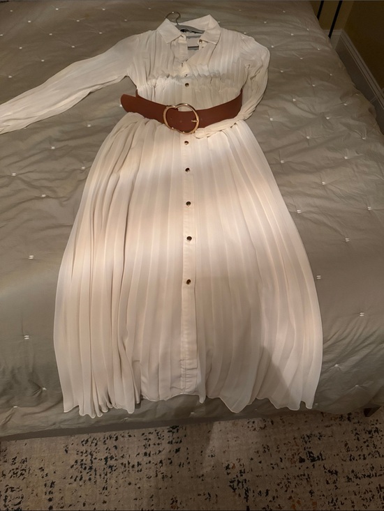 Zara Dresses & Skirts - Zara White Pleated Maxi Shirt Dress with Brown Belt